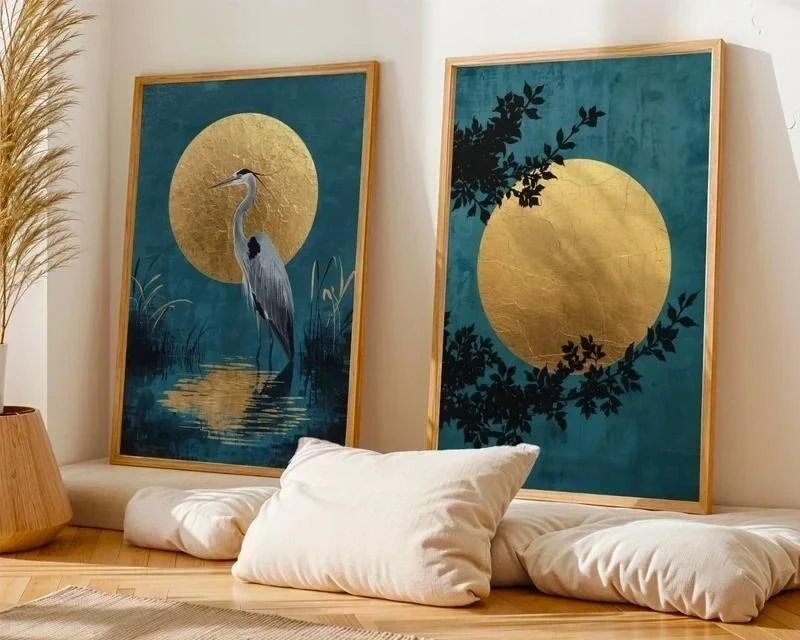 Duo d'affiches A3 – Héron & Lune dorée, style japonais